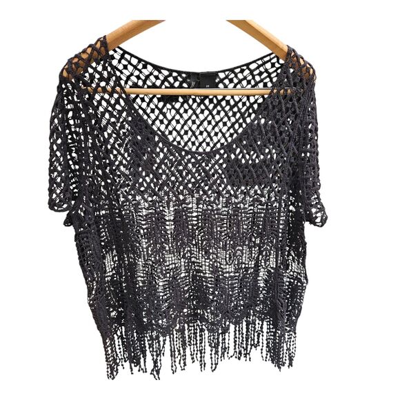 Womens Size 2x Black Crocheted Pullover Cover-Up Topper Fringe Boho Festival - Picture 1 of 6
